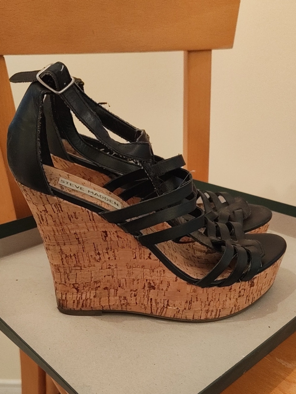 Steve Madden Black Strappy Cork Platform Wedges